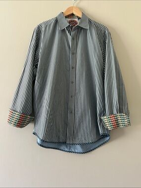 Robert Graham Men’s Large Stripe Button Down Dress Shirt Contrast Cuffs & Hem